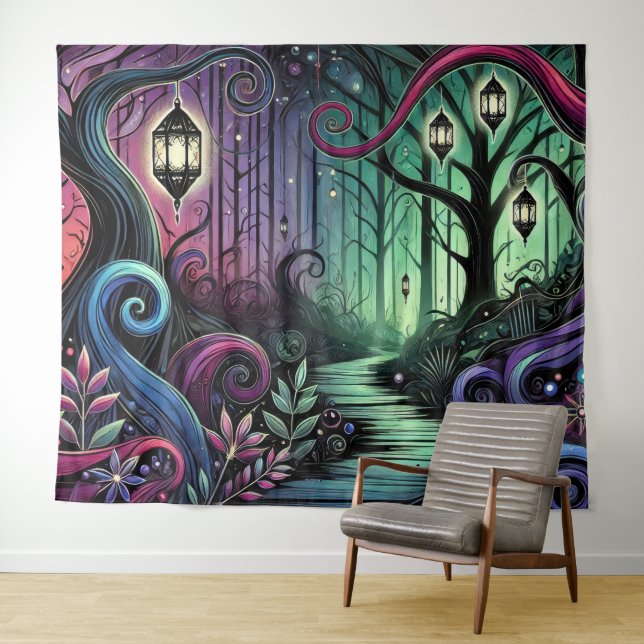 Bezauberter Waldweg mit glühenden Lantern Wandteppich (Beispiel (Horizontal))