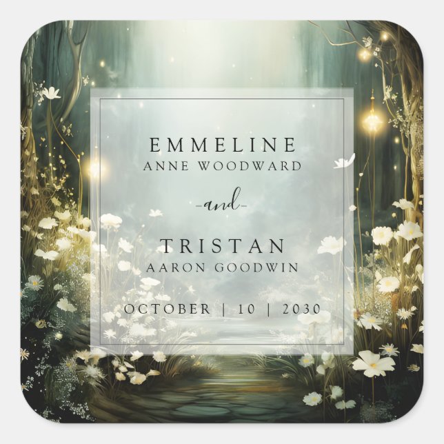 Bezauberter Waldweg von Blume Grüne Hochzeit Quadratischer Aufkleber (Vorderseite)