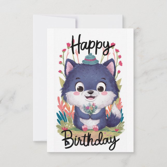 Bezauberter Whimsical Wolf Digital Geburtstag Karte (Vorderseite)