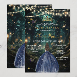 Bezaubertes blaues Kleid der Waldnacht Quinceañera Einladung