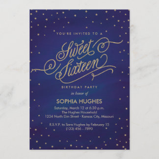 Bezaubertes Blue & Gold Stars 16 . Geburtstag Part Einladung