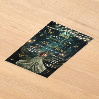 Bezaubertes Waldmagen Grünes Kleid Quinceañera 16 Acryleinladungen