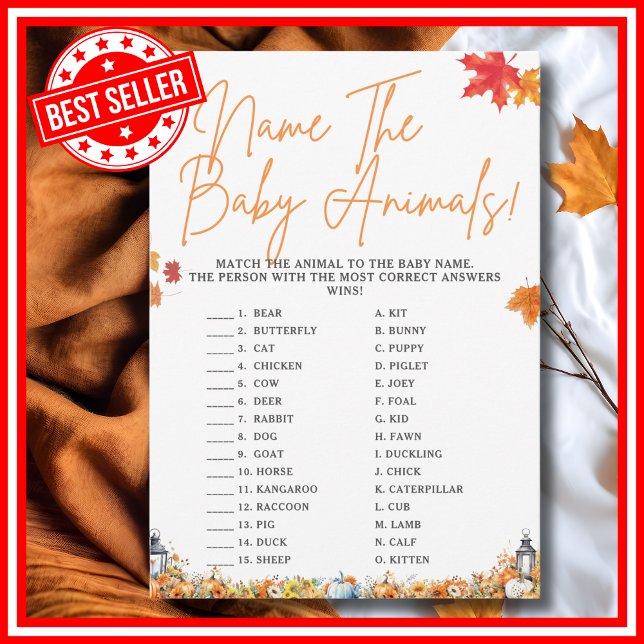 BEZEICHNEN SIE DEN BABY TIERES Baby Showgame Niedl Einladung (NAME THE BABY ANIMALS Easy Baby Shower Game A Little Pumpkin is on the Way Fall Autumn Theme)