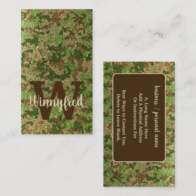 Bezeichnung der grünen Camouflage Outdoorsy Monogr Visitenkarte (Vorne/Hinten)