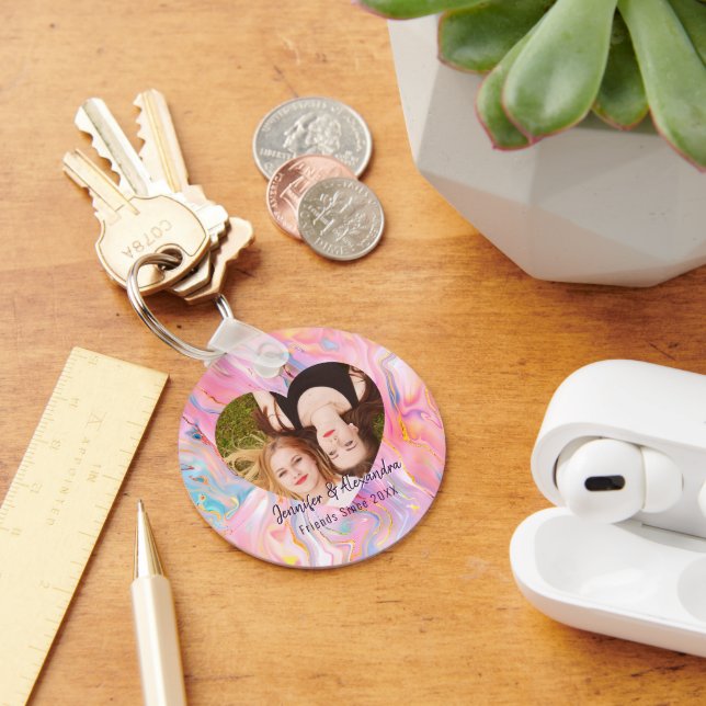 BFF Pink Purple Marble Heart Friends Photo & Names Schlüsselanhänger (Schreibtisch)