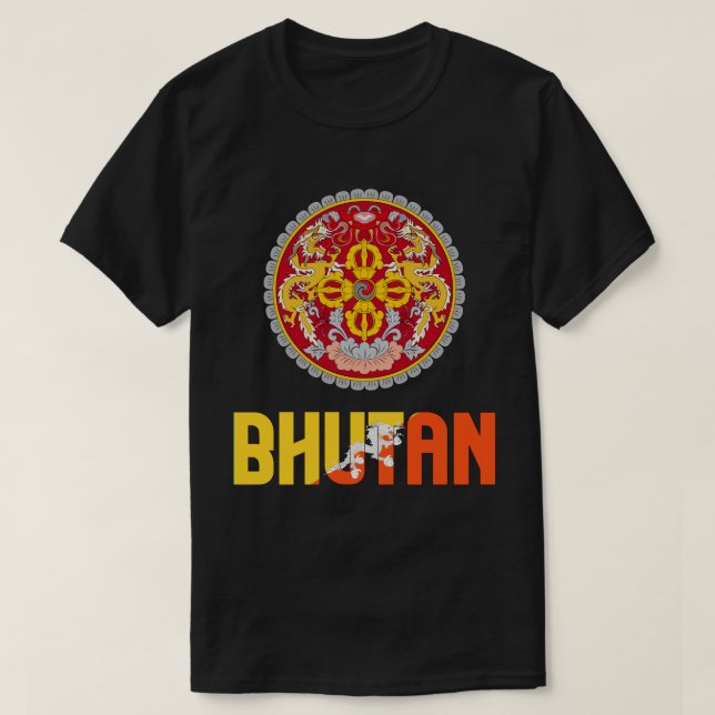 Bhutan Flag and Coat of Arms Patriotic T-Shirt (Design vorne)