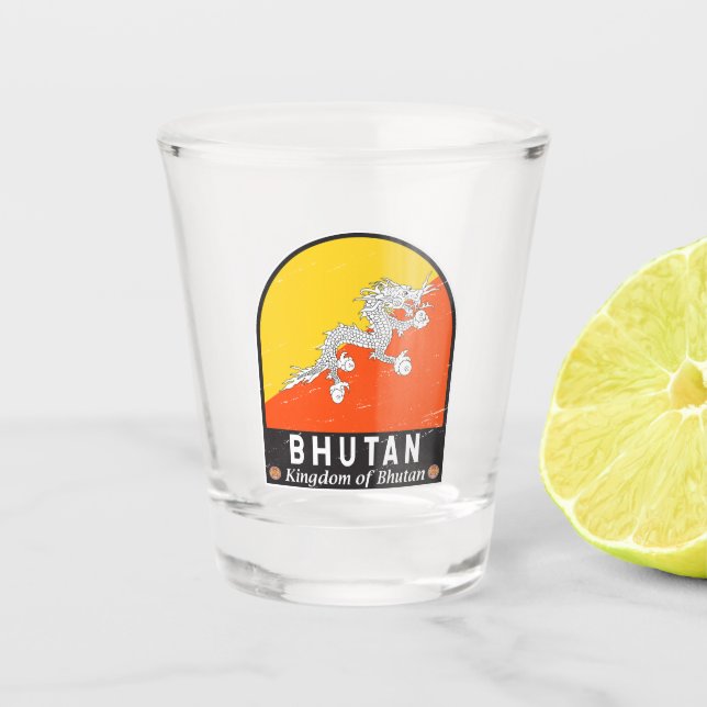 Bhutan Flag Emblem gestört Vintag Schnapsglas (Vorderseite)