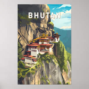 Bhutan Illustration Reise Kunst Vintage Poster
