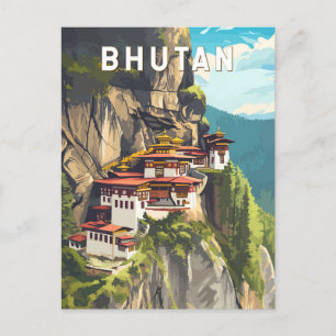 Bhutan Illustration Reise Kunst Vintage Postkarte