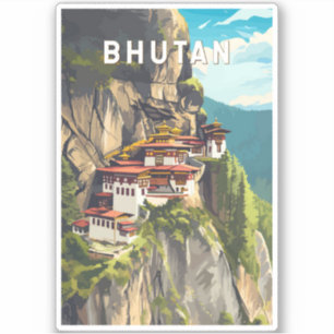 Bhutan Illustration Travel Art Vintag Aufkleber