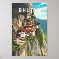 Bhutan Illustration Travel Art Vintag