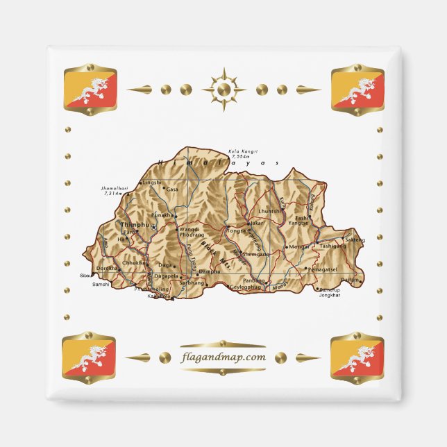 Bhutan Map + Flags Magnet (Vorne)
