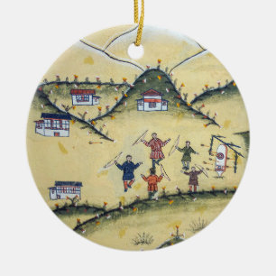 Bhutanesisches Haus mit Bogenschießereigemälden - Keramik Ornament