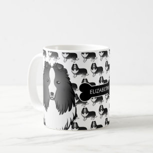 Bi-Black Cartoon Sheltie mit Dog Bone und Name Kaffeetasse