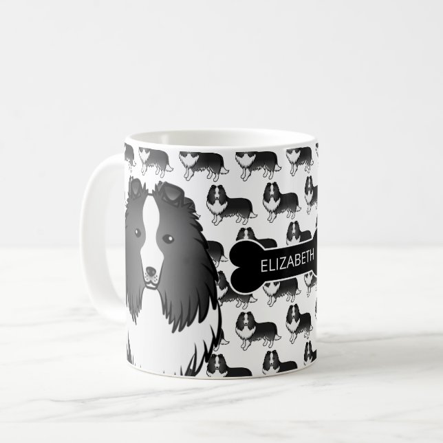 Bi-Black Cartoon Sheltie mit Dog Bone und Name Kaffeetasse (Vorderseite Links)