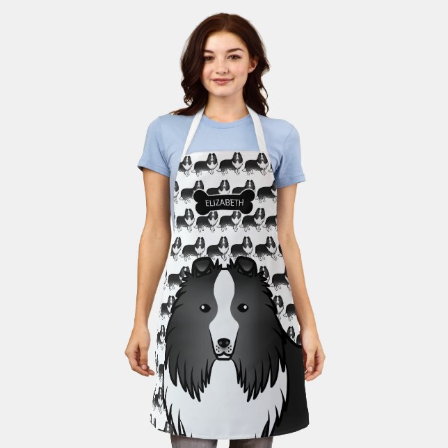 Bi-Black Cartoon Sheltie mit Dog Bone und Name Schürze (Getragen)