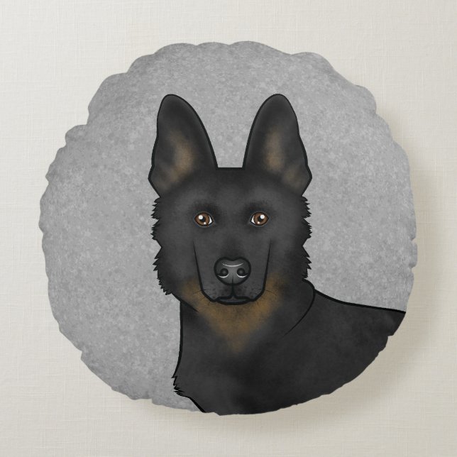 Bi-Black German Shepherd Cartoon Dog Head Gray Rundes Kissen (Vorderseite)