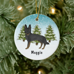 Bi-Black German Shepherd Dog Blue Winter Forest Keramik Ornament