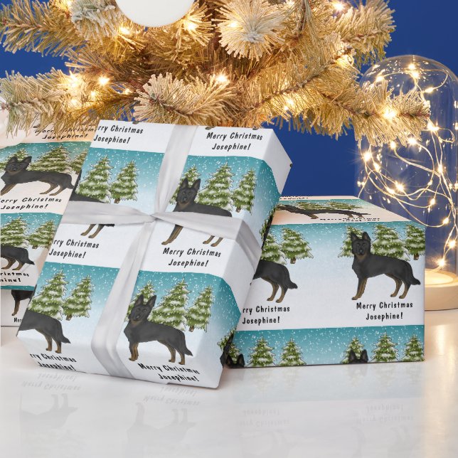 Bi-Black German Shepherd Snowy Winter Forest Geschenkpapier (Feiertage)