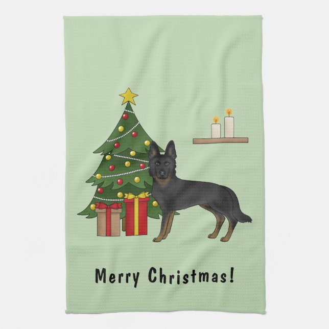 Bi-Black German Shepherd Weihnachtsbaum Geschirrtuch (Vertikal)