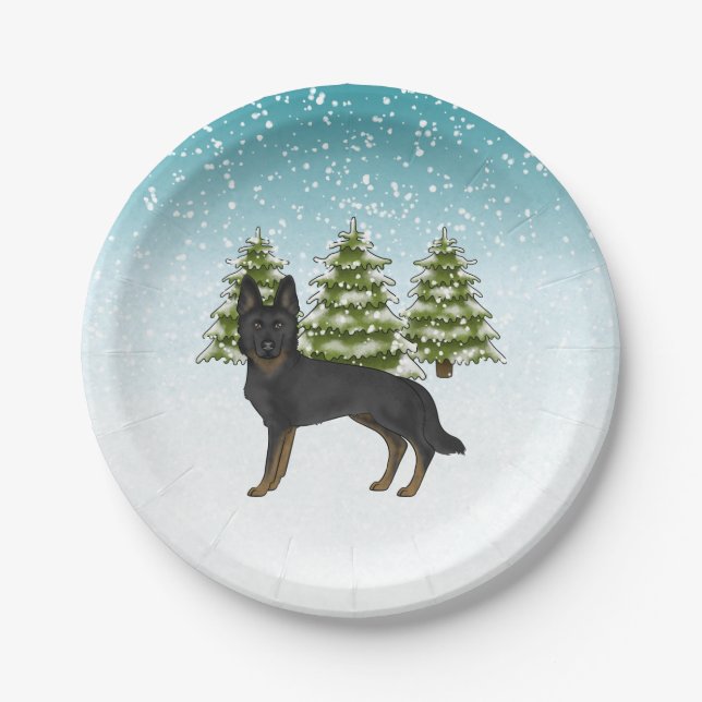 Bi-Black German Shepherd Winter Forest Trees Blue Pappteller (Vorderseite)