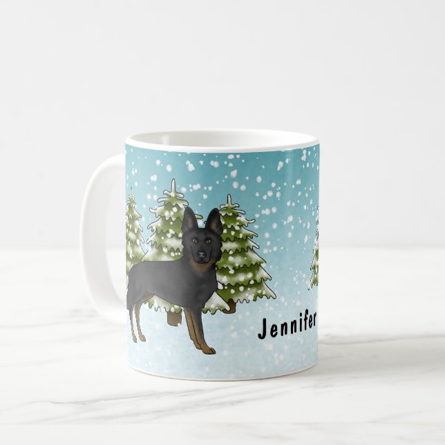 Bi-Black German Shepherd Winter Forest with name Kaffeetasse (Vorderseite Links)