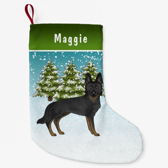 Bi-Black German Shepherd Winter Forest with name Kleiner Weihnachtsstrumpf (Vorderseite)