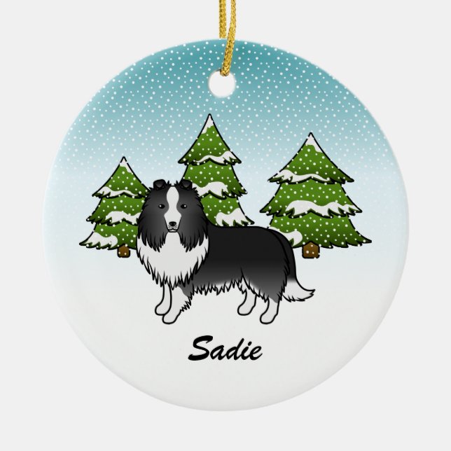 Bi-Black Sheltie Cartoon Hund im Winter & Name Keramik Ornament (Vorne)
