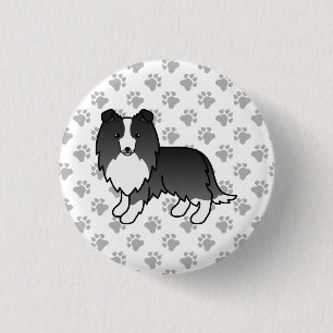 Bi-Black Shetland Sheepdog Cartoon Dog & Paws Button