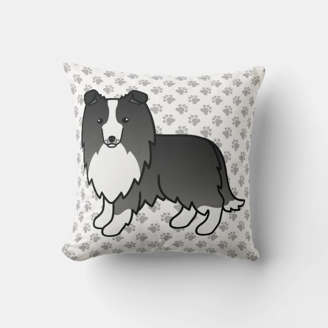 Bi-Black Shetland Sheepdog Cartoon Dog & Paws Kissen (Vorderseite)