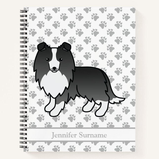 Bi-Black Shetland Sheepdog Hund & Custom Text Notizbuch (Vorderseite)
