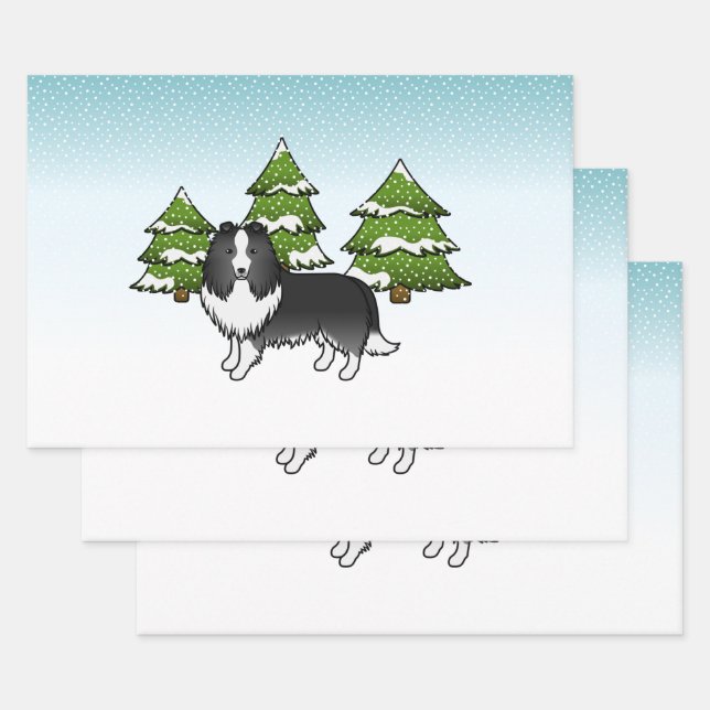 Bi-Black Shetland Sheepdog im Winterwald Geschenkpapier Set (Set)