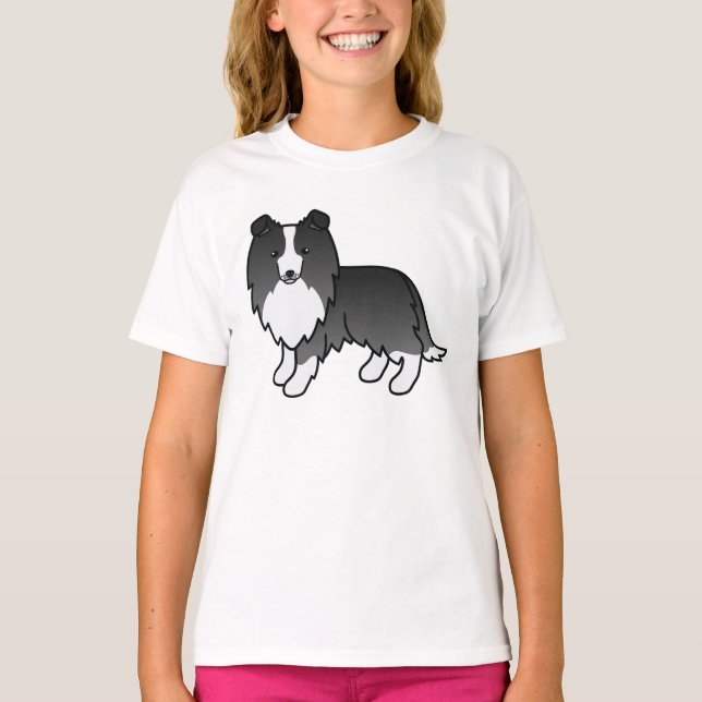 Bi-Black Shetland Sheepdog Sheltie Cartoon Dog T-Shirt (Vorderseite)