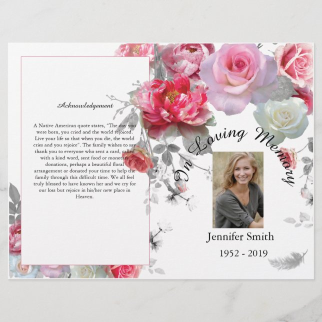 Bi-Fold Pink & Gray Rose Beerdigung Programm Flyer (Vorne)