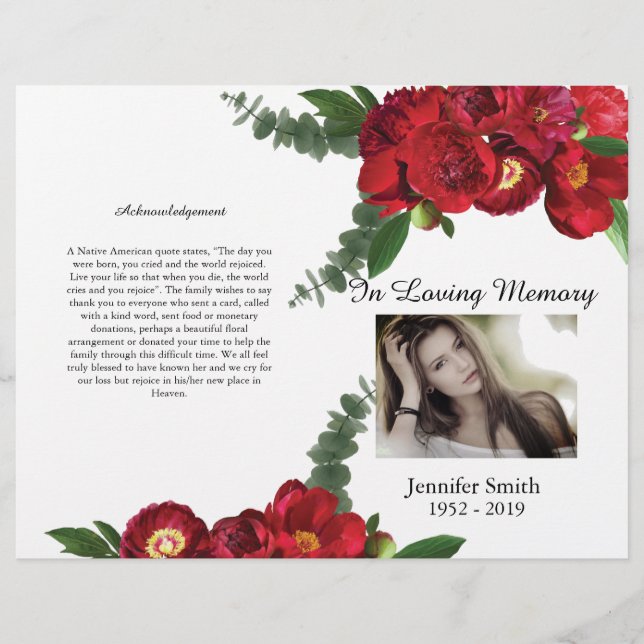 Bi-Fold Red Peony Funeral Program Flyer (Vorne)