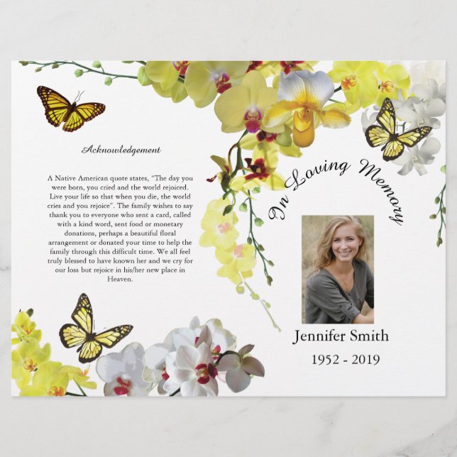 Bi-Fold Yellow Orchids Butterfly Funeral Program Flyer (Vorne)