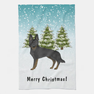 Bi-Schwarzer Deutscher Schäferhund Winterwald mit Geschirrtuch