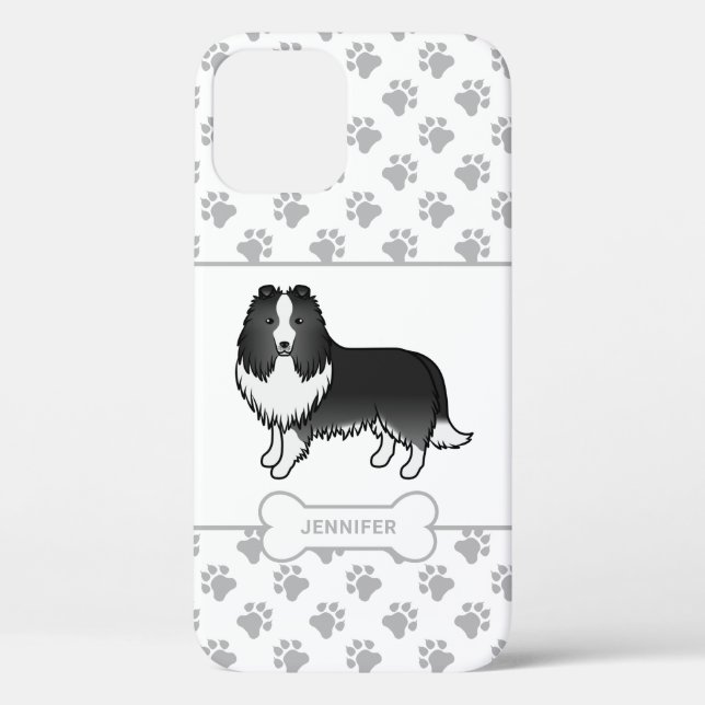 Bi-schwarzer Sheltie mit Paws, Dog Bone und Name Case-Mate iPhone Hülle (Rückseite)