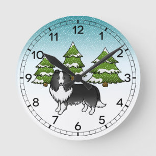Bi-schwarzer Shetland-Schäferhund in einem Winterw Runde Wanduhr