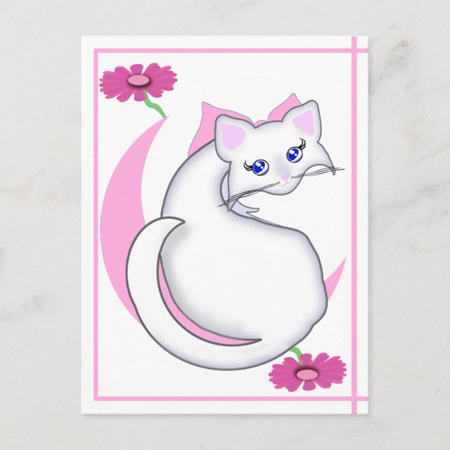 Bianca Toon Kitty Tickled Pinks w Blume Postkarte (Vorderseite)