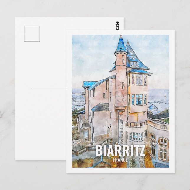 Biarritz Frankreich Berühmter Platz Watercolor Postkarte (Vorne/Hinten)