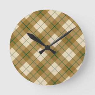 Bias Plaid in Gold with Green Stripe Runde Wanduhr