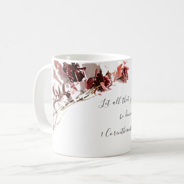Bibel der Liebe mit Blumen und Tasse (Vorderseite Links)