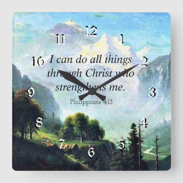 Bibel gießt, Phil 4:13, I can do all things. Quadratische Wanduhr (Vorderseite)