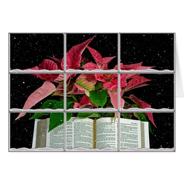 Bibel mit Weihnachtspoinsettie und Schneefenster (Vorderseite (Horizontal))