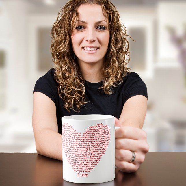 Bibelangebot 1 Korinther 13 Lieben Herzkunstdesign Tasse (Love bible quote typography art red heart mug for Christians who love scripture )