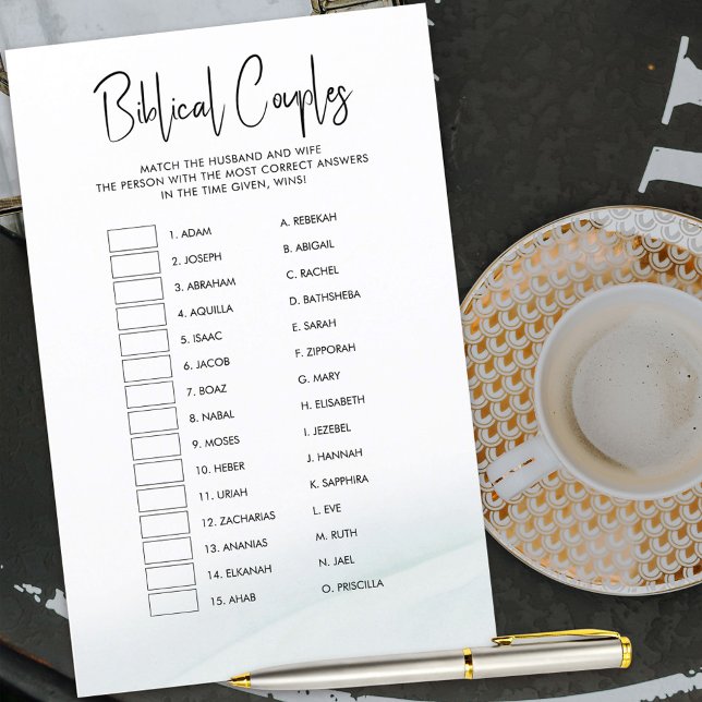 Bibelpaare Brautparty Game Green Wash (Biblical Couples bridal shower game .. see who can match the most husband and wives. )