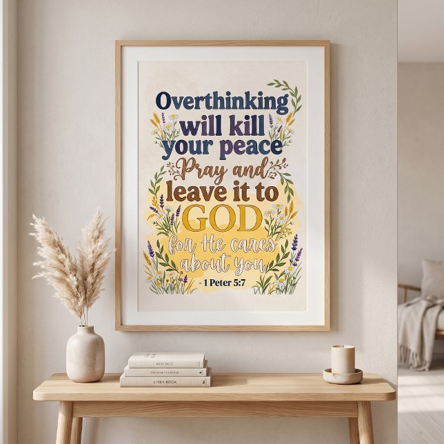 Bibelvers Christlicher Glaube Wasserfarbe-Typograf Poster (1 Peter 5:7 Bible Verse Scripture for Anxiety & Worry Christian Watercolor  Wall Art Poster )