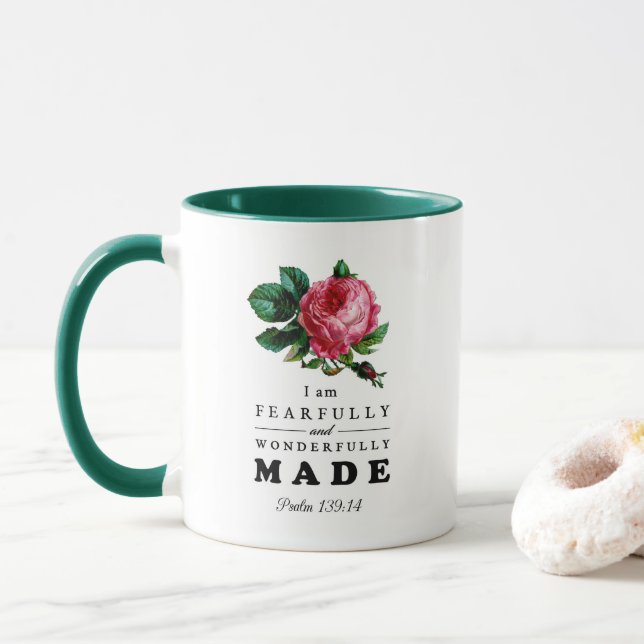 Bibelverse aus Angst und wunderbar gemachte Rose Tasse (Mit Donut)