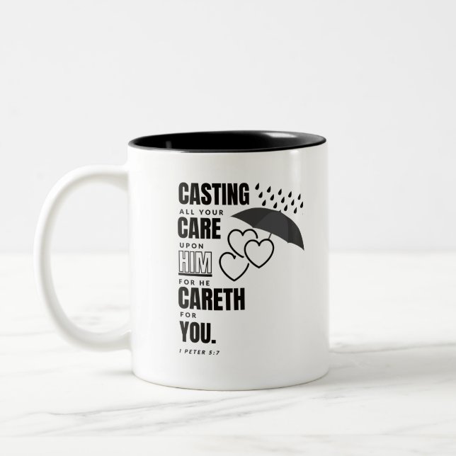 Bibelverse-Tasse - I Peter 5:7 KJV Zweifarbige Tasse (Links)